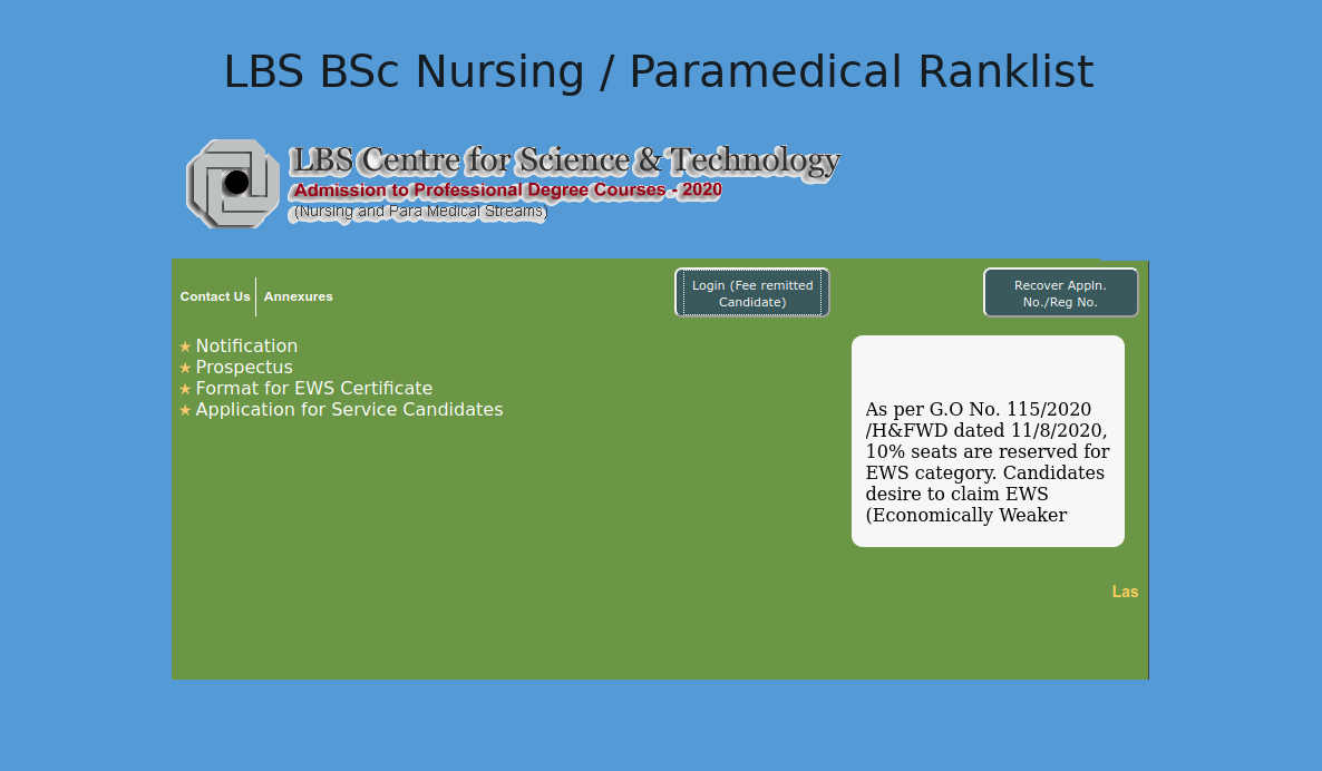 LBS Paramedical / BSc Nursing Rank List 2020