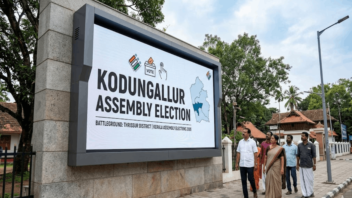 Kodungallur Assembly Election 2026 digital billboard with Thrissur district map and voters in Kerala