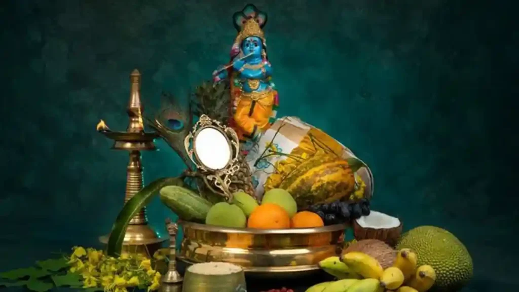 VishuKanni with lord krishna in middle surrounded by fruits 